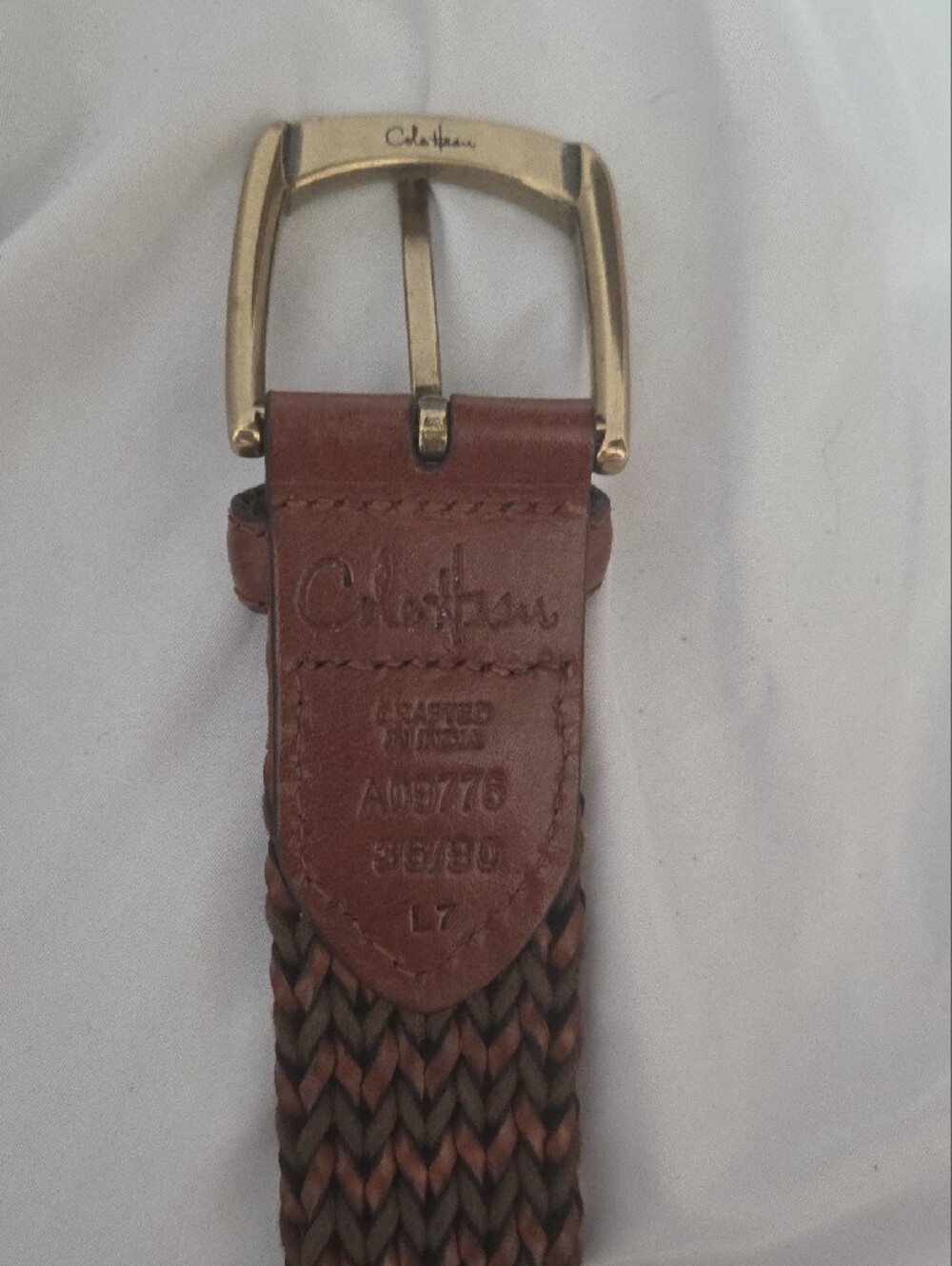 Woven Leather Belt with Brass Buckle in Dark Brown, Adjustable 30-38 Inch Waiat - Picture 6 of 9